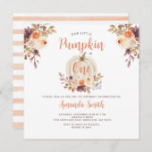 私たちの小さなかぼちゃは1歳の誕生日 ラスティック フラワー 招待状 (正面/裏面)