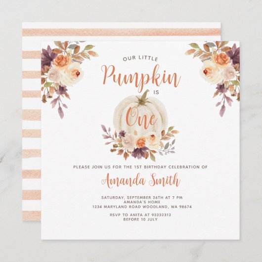 私たちの小さなかぼちゃは1歳の誕生日 ラスティック フラワー 招待状 (正面/裏面)