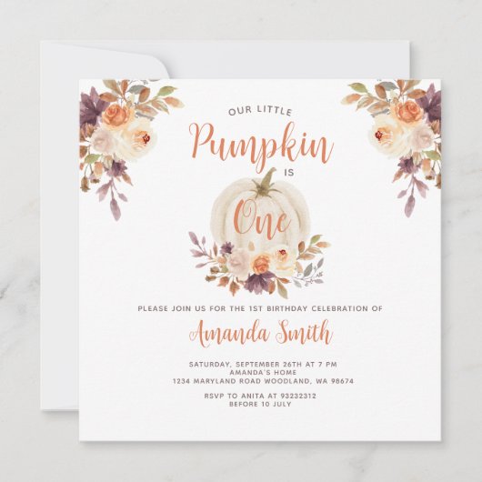 私たちの小さなかぼちゃは1歳の誕生日 ラスティック フラワー 招待状 (正面)