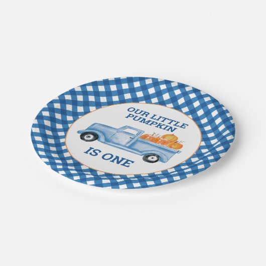 私たちの小さなかぼちゃ青いトラックの最初の誕生日 ペーパープレート (アングル)