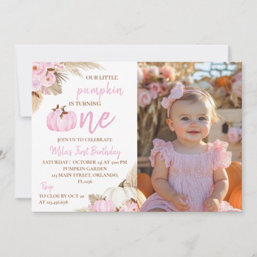 私たちの小さなかぼちゃ 1歳の誕生日写真招待状 サンキューカード (正面)