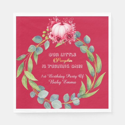 私たちの小さなかぼちゃ 1歳の誕生日 グリーンリース ピンク スタンダードランチョンナプキン (正面)