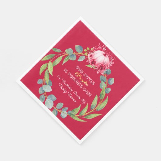 私たちの小さなかぼちゃ 1歳の誕生日 グリーンリース ピンク スタンダードランチョンナプキン (角)