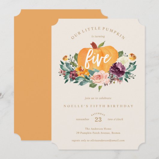 私たちの小さなかぼちゃ 5歳の誕生日おめでとう 招待状 (正面/裏面)