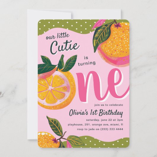 私たちの小さなかわいこちゃんのオレンお洒落ジの最初の誕生日 招待状 (正面)