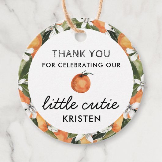 私たちの小さなかわいこちゃんオレンジの赤ちゃんシャワーメッセージカード フェイバータグ (正面)