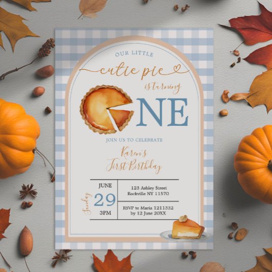 私たちの小さなかわいこちゃんパイブルーギンガムファースト誕生日 招待状