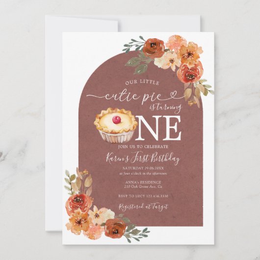 私たちの小さなかわいこちゃんパイボホアーチフローラ1st誕生日 招待状 (正面)