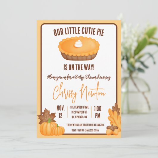 私たちの小さなかわいこちゃんパイ、秋カボチャのパイ赤ちゃんシャワー 招待状 (スタンド正面)