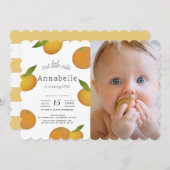 私たちの小さなかわいこちゃん柑橘類オレンジの写真1st誕生日 招待状 (正面/裏面)