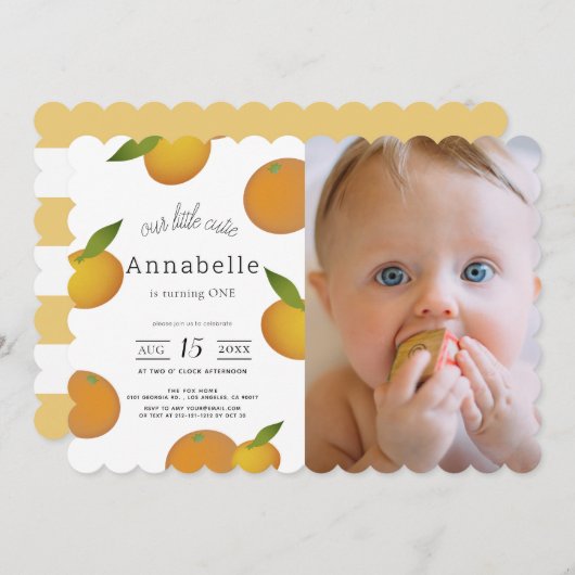 私たちの小さなかわいこちゃん柑橘類オレンジの写真1st誕生日 招待状 (正面/裏面)