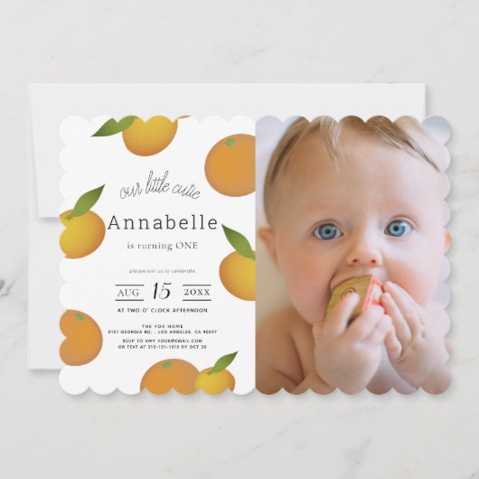 私たちの小さなかわいこちゃん柑橘類オレンジの写真1st誕生日 招待状 (正面)