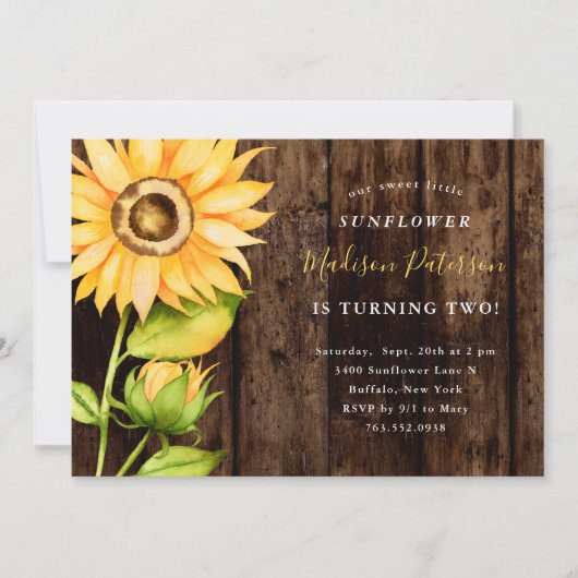 私たちの小さなひまわり素朴黄色の誕生日パーティー 招待状 (正面)