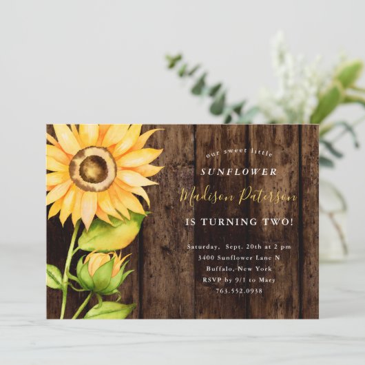 私たちの小さなひまわり素朴黄色の誕生日パーティー 招待状 (スタンド正面)