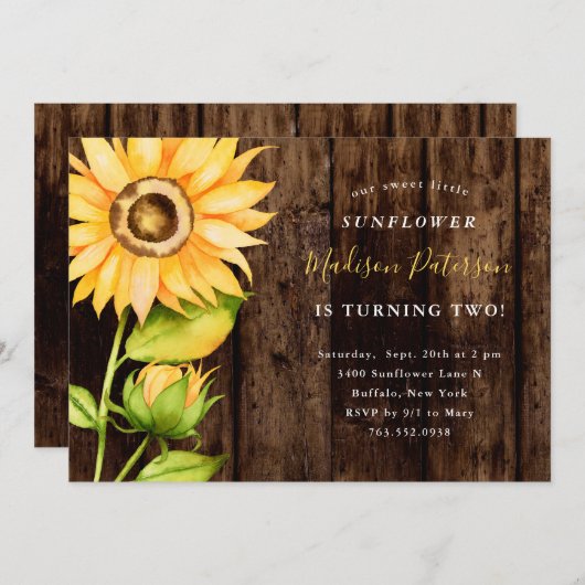 私たちの小さなひまわり素朴黄色の誕生日パーティー 招待状 (正面/裏面)