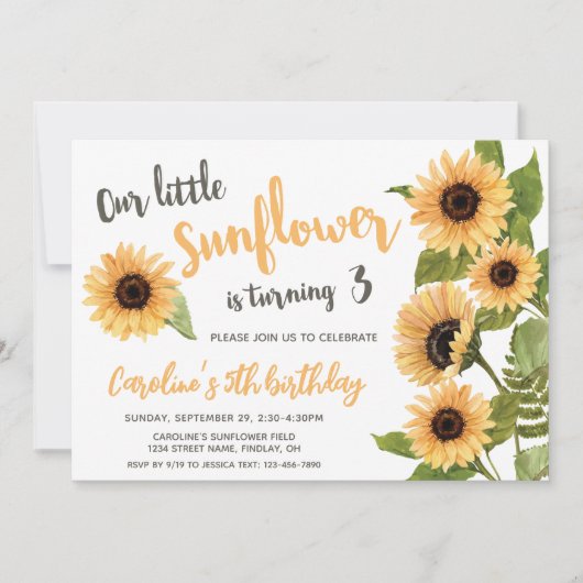 私たちの小さなひまわり、水の色任意の年齢誕生日 招待状 (正面)