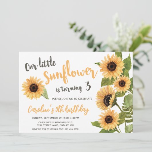 私たちの小さなひまわり、水の色任意の年齢誕生日 招待状 (スタンド正面)