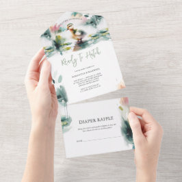 私たちの小さなアヒルの水の色の赤ちゃんシャワー オールインワン招待状