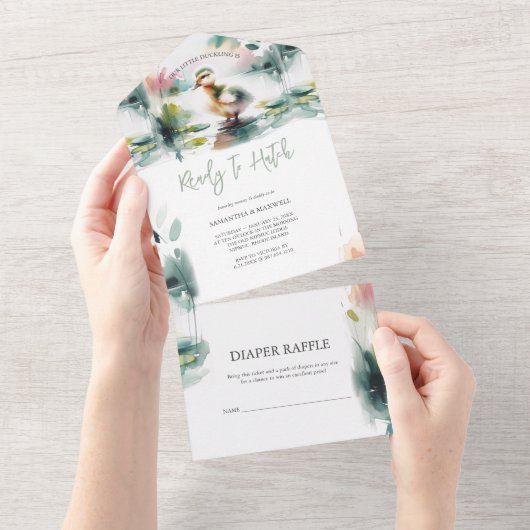 私たちの小さなアヒルの水の色の赤ちゃんシャワー オールインワン招待状 (貼ってはがせる)