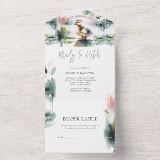 私たちの小さなアヒルの水の色の赤ちゃんシャワー オールインワン招待状 (内側)