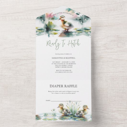 私たちの小さなアヒルの水の色の赤ちゃんシャワー オールインワン招待状 (内側)