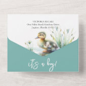 私たちの小さなアヒルの水の色の赤ちゃんシャワー オールインワン招待状 (裏面)