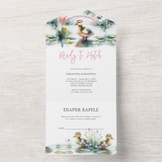 私たちの小さなアヒルの水の色の赤ちゃんシャワー オールインワン招待状 (内側)