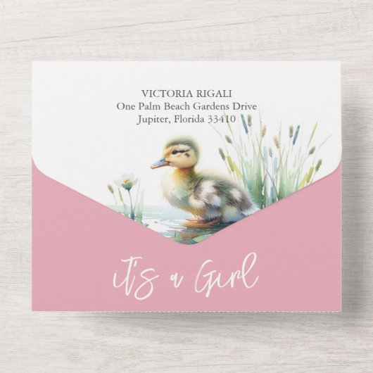 私たちの小さなアヒルの水の色の赤ちゃんシャワー オールインワン招待状 (裏面)