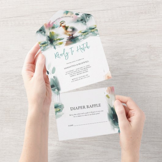 私たちの小さなアヒルの水の色の赤ちゃんシャワー オールインワン招待状 (貼ってはがせる)