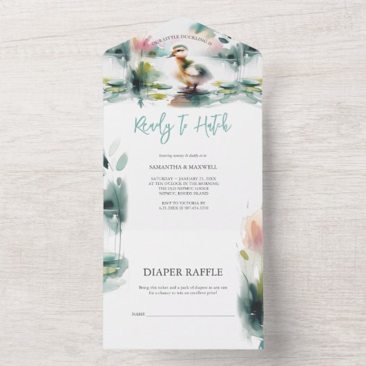 私たちの小さなアヒルの水の色の赤ちゃんシャワー オールインワン招待状 (内側)