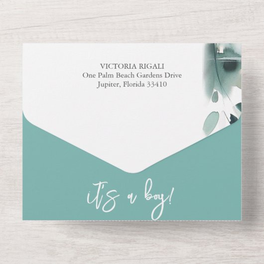 私たちの小さなアヒルの水の色の赤ちゃんシャワー オールインワン招待状 (裏面)