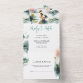 私たちの小さなアヒルの水の色の赤ちゃんシャワー オールインワン招待状