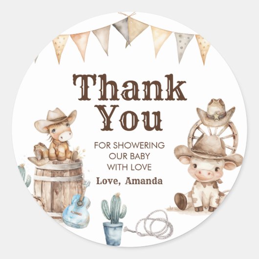 私たちの小さなカウボーイ野生の西ベビーシャワーありがとう ラウンドシール (正面)