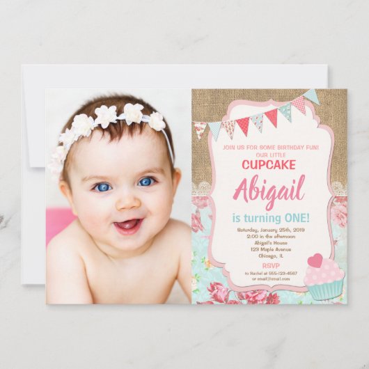 私たちの小さなカップケーキの誕生日の女の子の1番目の写真 招待状 (正面)