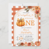 私たちの小さなカボチャのオレンジのギンガム1日の誕生日 招待状 (正面)