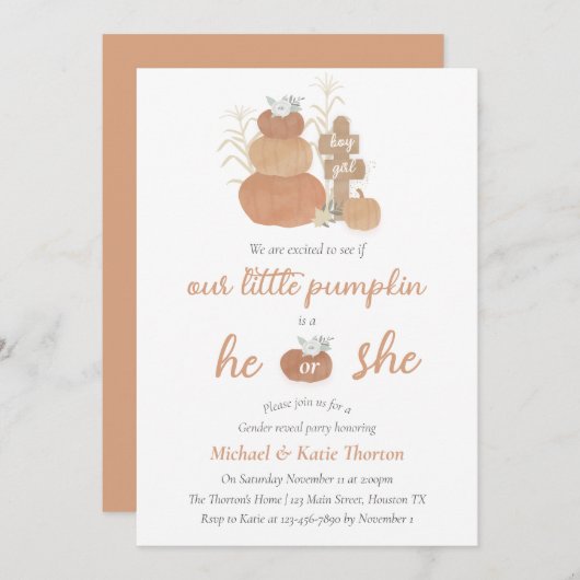 私たちの小さなカボチャのジェンダーは、招待状を明らかにする 招待状 (正面/裏面)