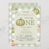 私たちの小さなカボチャのセージのギンガム1歳の誕生日 招待状 (正面/裏面)