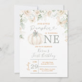 私たちの小さなカボチャのセージ緑のギンガム1日の誕生日 招待状 (正面)