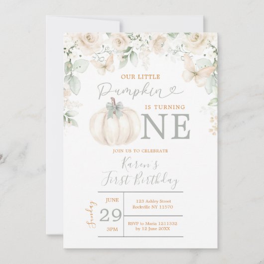 私たちの小さなカボチャのセージ緑のギンガム1日の誕生日 招待状 (正面)