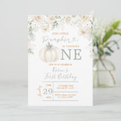 私たちの小さなカボチャのセージ緑のギンガム1日の誕生日 招待状 (スタンド正面)