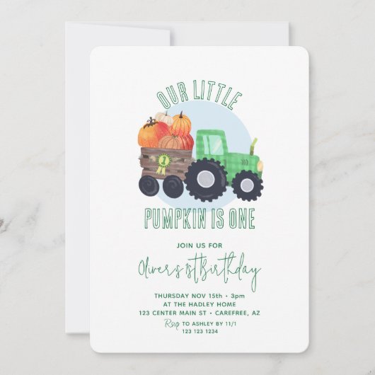 私たちの小さなカボチャのトラクターボーイの1st誕生日 招待状 (正面)