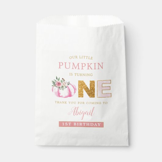 私たちの小さなカボチャのピンクのフローラ女の子1st誕生日 フェイバーバッグ (正面)