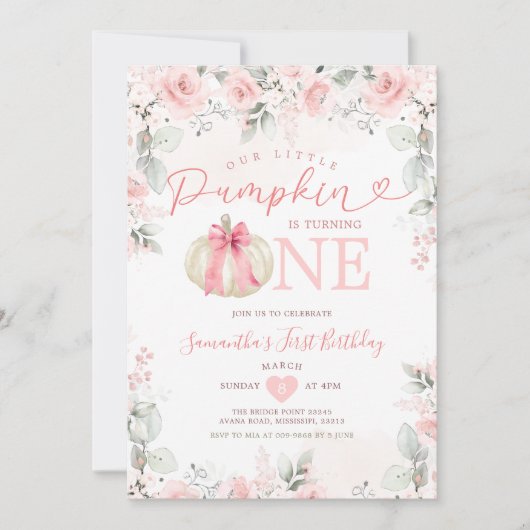 私たちの小さなカボチャのピンクのフローラ白い誕生日 招待状 (正面)