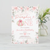 私たちの小さなカボチャのピンクのフローラ白い誕生日 招待状 (スタンド正面)