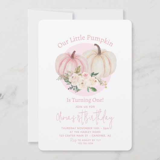 私たちの小さなカボチャのピンクのフローラ1st誕生日 招待状 (正面)