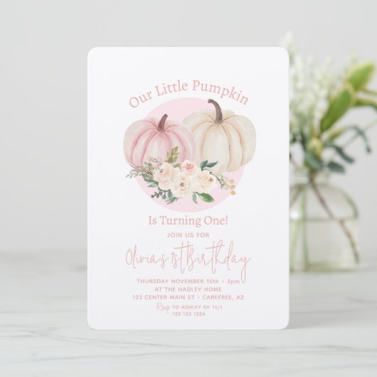 私たちの小さなカボチャのピンクのフローラ1st誕生日 招待状 (スタンド正面)