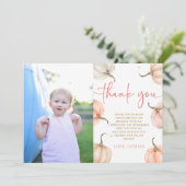 私たちの小さなカボチャのピンクの写真の誕生日パーティー サンキューカード (スタンド正面)