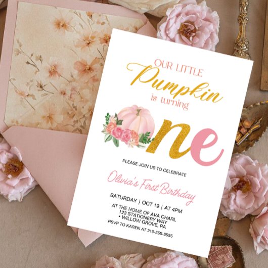 私たちの小さなカボチャのピンクの女の子の誕生日 招待状