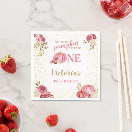 私たちの小さなカボチャのピンクの水の色の最初の誕生日 スタンダードカクテルナプキン (インサイチュ)