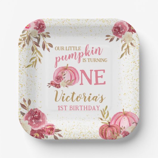 私たちの小さなカボチャのピンクの水の色の最初の誕生日 ペーパープレート (正面)